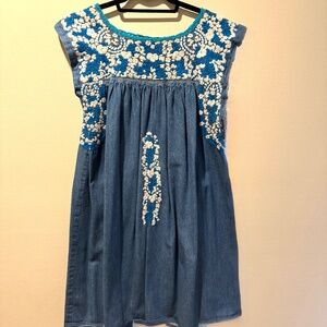 Mi Golondrina Chambray dress, Large, blue and white embroidery